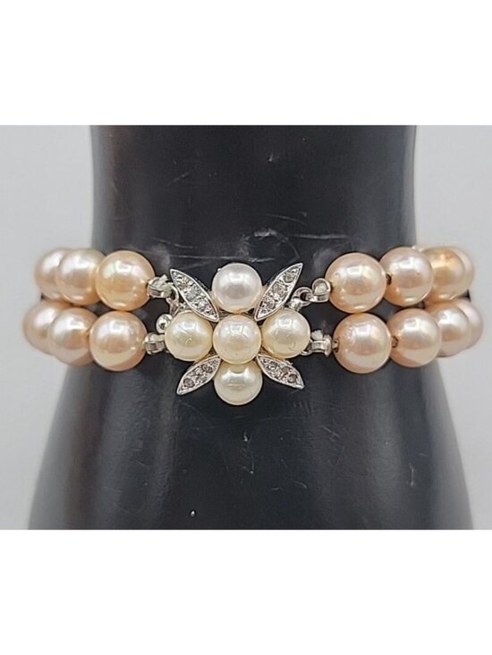 Panetta Jewelry - Vintage Panetta Double Strand Champagne Faux Pearl Bracelet Rhinestone Clasp